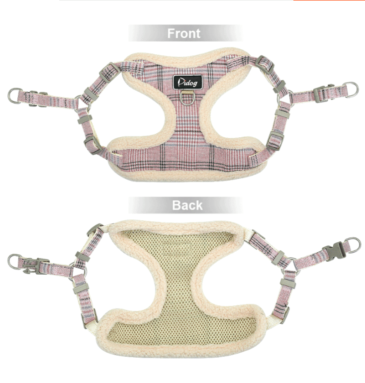 Plaid dog leash harness with front and back views, beige fleece trim, and buckles