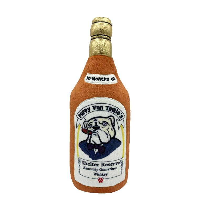 Orange plush bottle dog toy with gold cap and illustrated label front