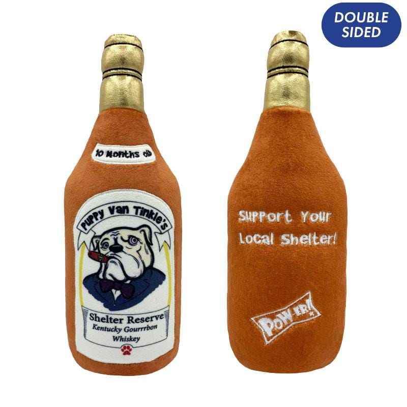 Orange plush bottle dog toy with gold cap and double-sided printed label