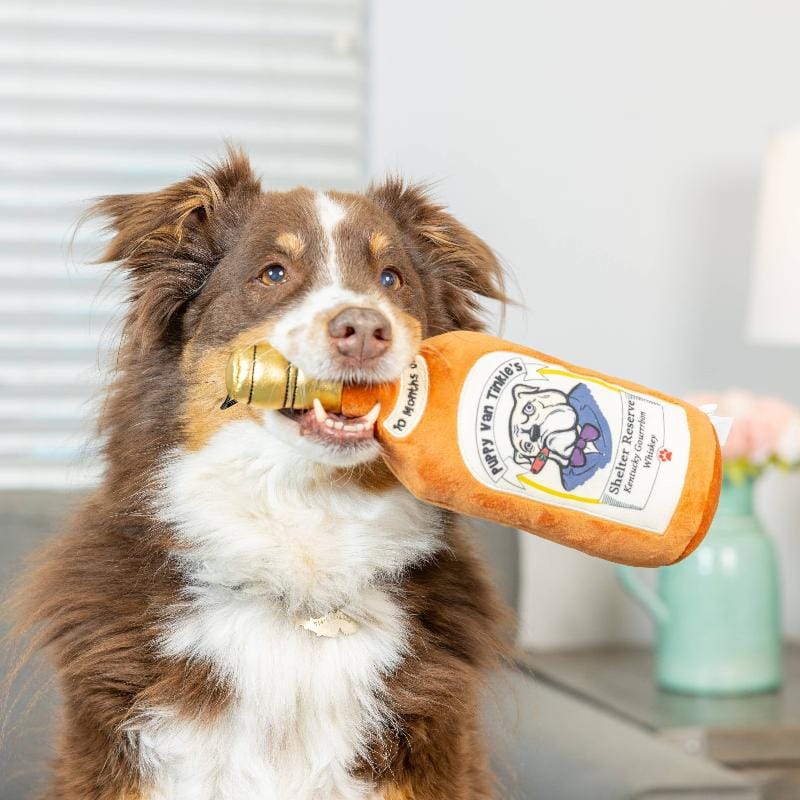 Orange plush bottle dog toy with gold cap and printed label, held by a dog
