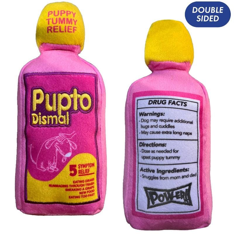 Double-sided plush dog toy bottle in pink and purple with yellow cap, label detail