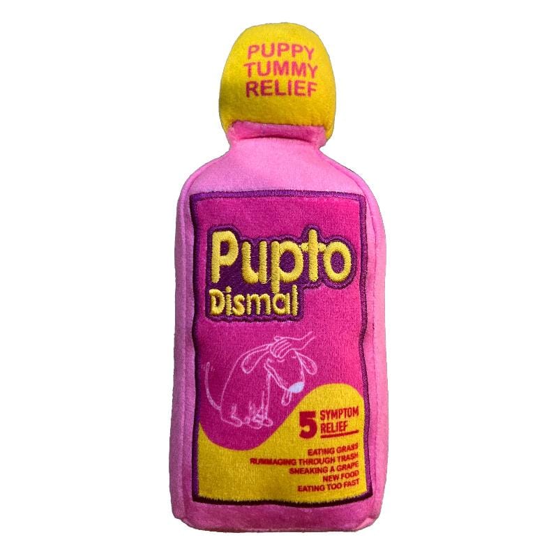 Purple and pink plush dog toy shaped like a dog medicine bottle with yellow cap