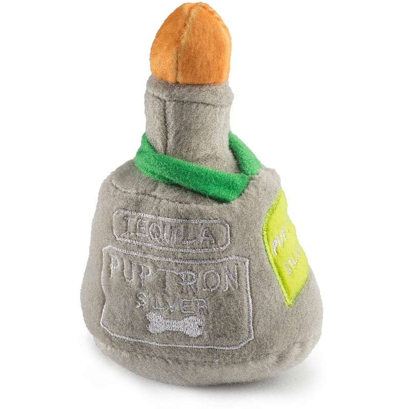 Puptron bottle plush squeaky dog toy, grey with orange cap and green collar patch