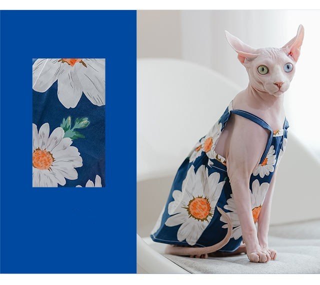 Blue cotton pet dress with white daisy and orange floral print, side view