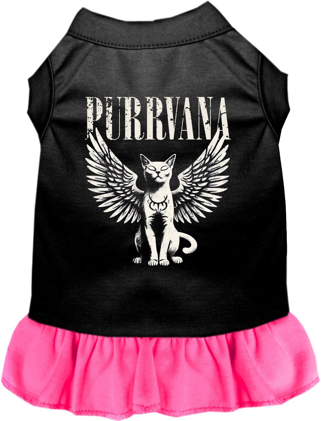 Black sleeveless pet dress with winged cat graphic and pink ruffled skirt