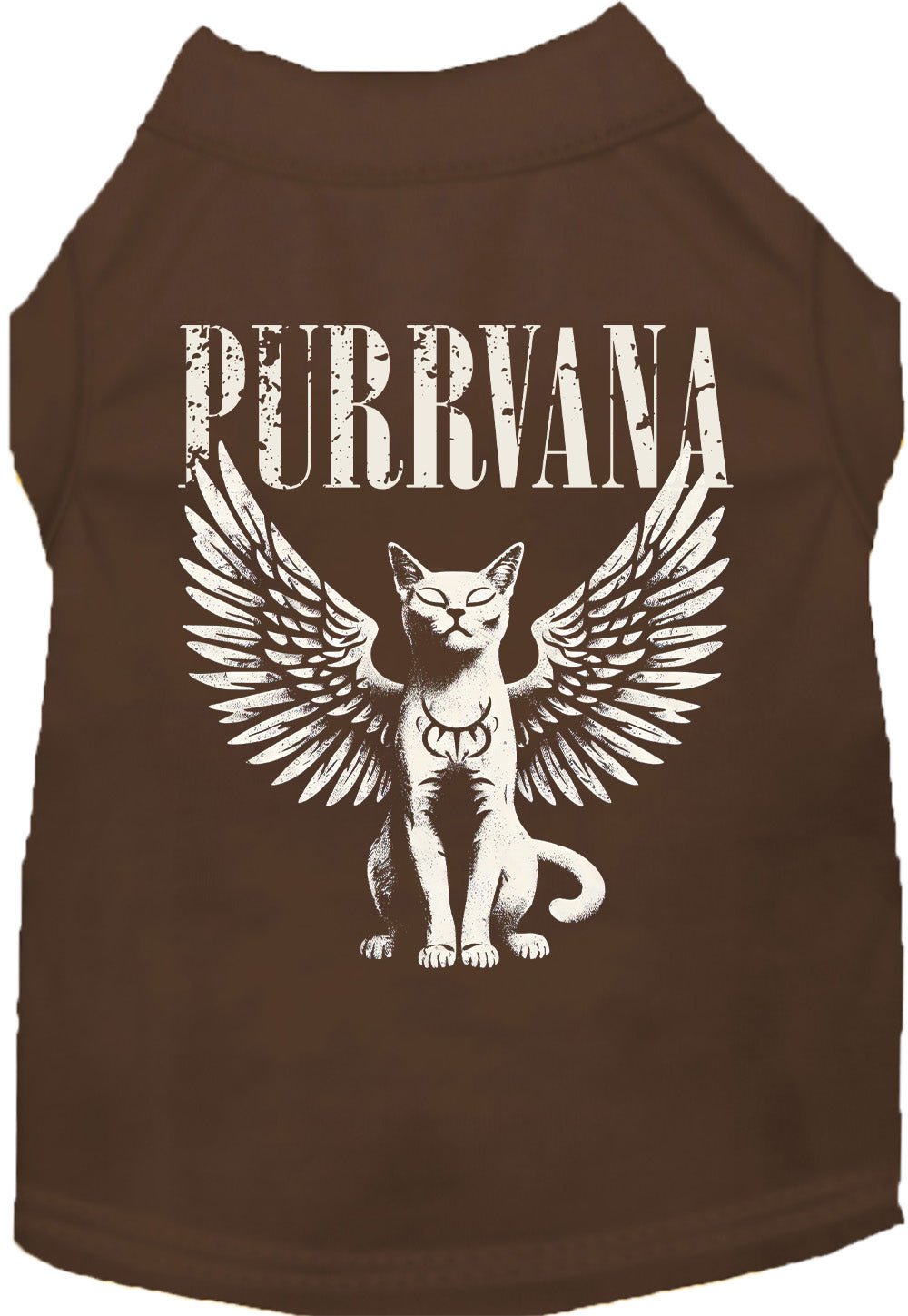 Brown sleeveless pet shirt with winged cat Purrvana graphic on back