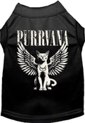 Black sleeveless pet shirt with winged cat Purrvana graphic on back