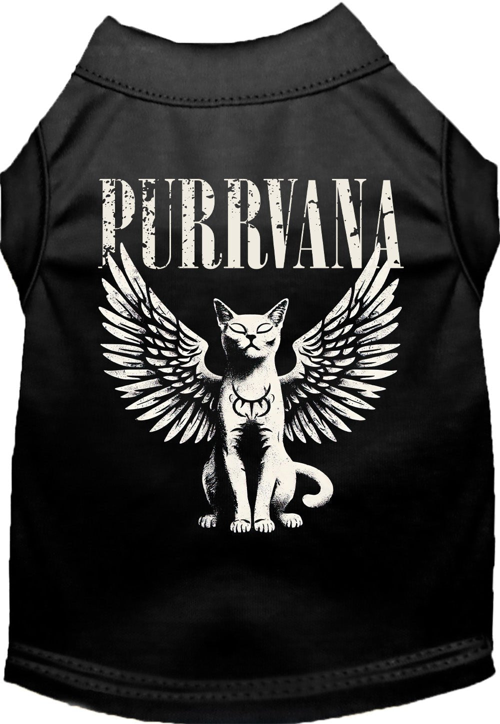 Black sleeveless pet shirt with winged cat Purrvana graphic on back