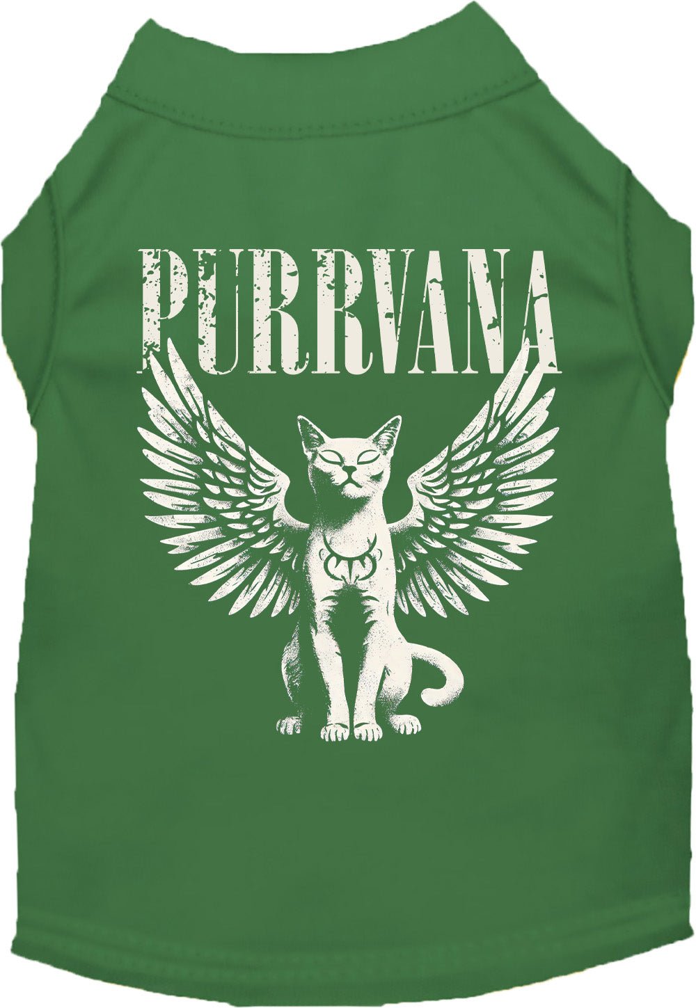 Green sleeveless pet shirt with winged cat Purrvana graphic on back