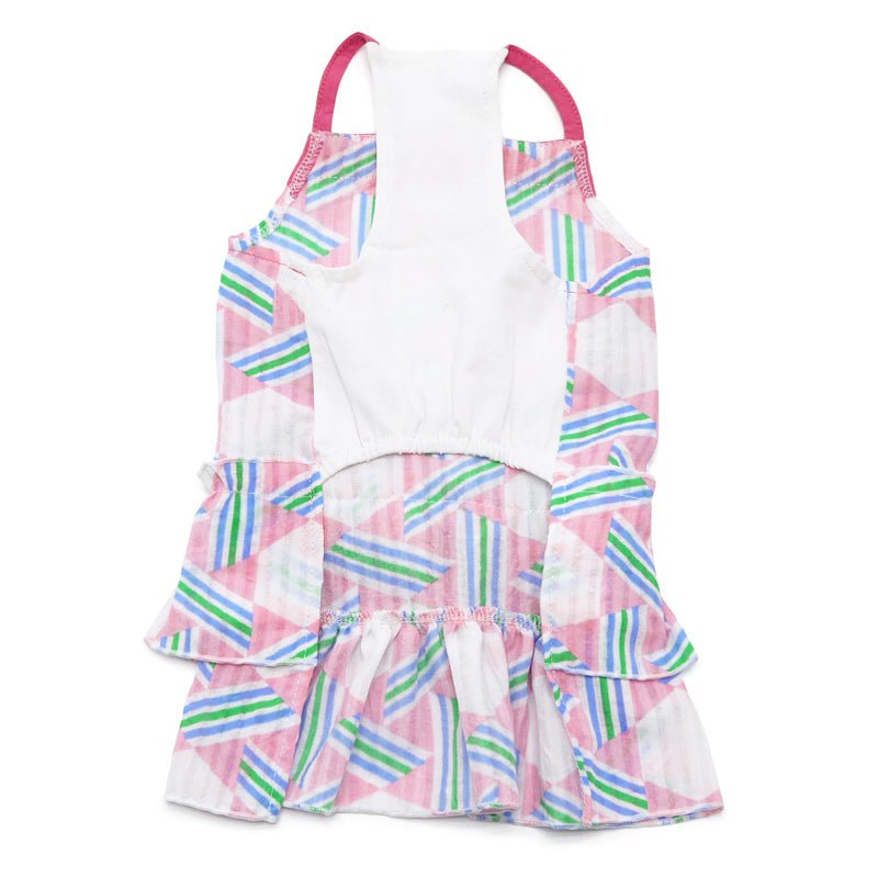 White back pet dress with pink straps and multicolor striped ruffle skirt