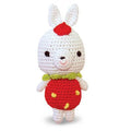 White crochet rabbit plush with red shirt and pants, green scarf and small yellow accents