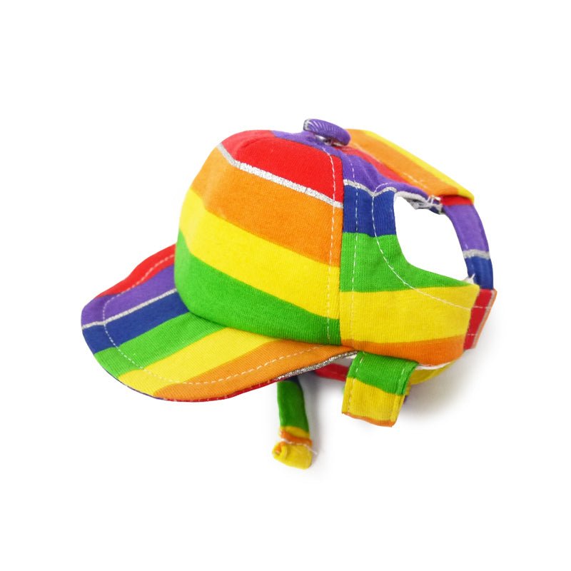 Rainbow striped fabric hat with curved brim and tied ear flaps