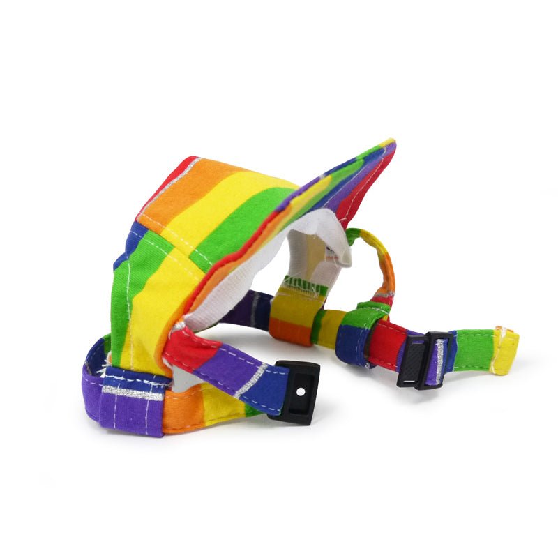 Rainbow ear-flap cap with long brim and adjustable chin strap