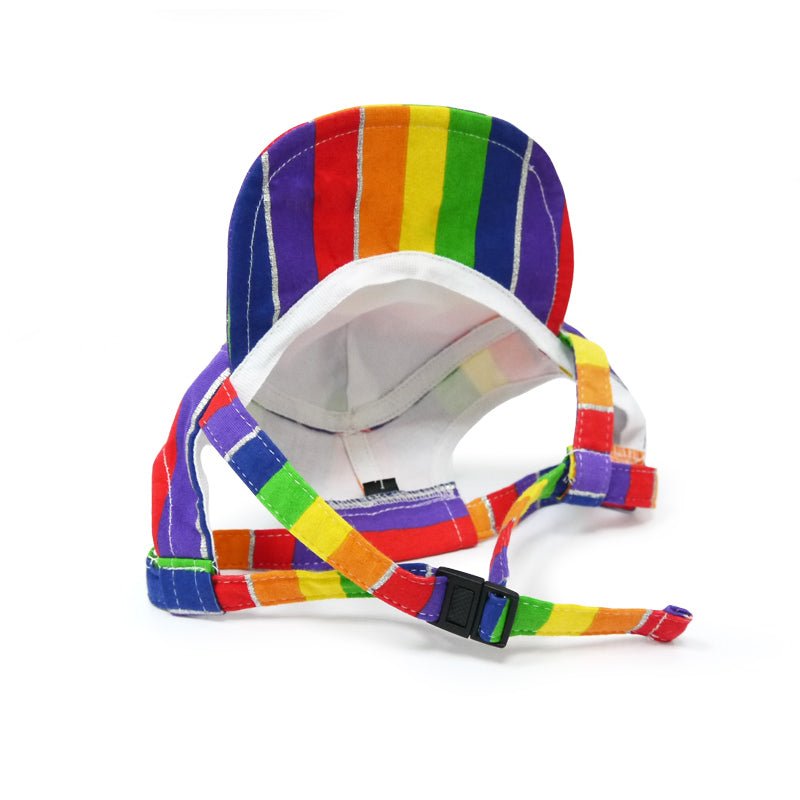 Rainbow-striped cap with open front lining and adjustable chin strap