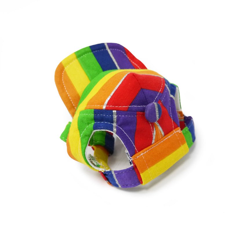Rainbow striped ear-flap cap with stitched front opening