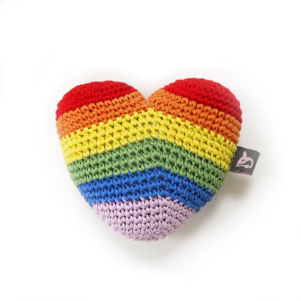 Rainbow striped crochet heart toy, multicolor chevron stitches and fabric tag
