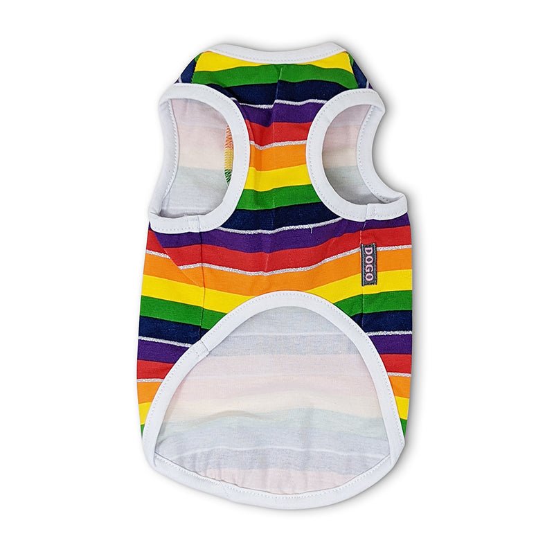 Rainbow striped pet tank top with cutout armholes and white trim