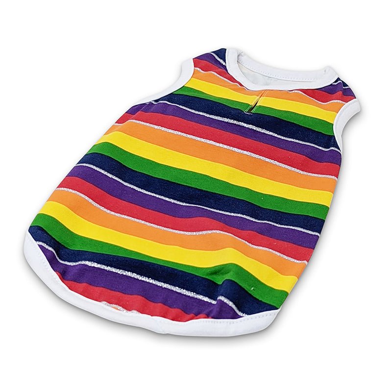 Rainbow striped pet tank top with white collar and armhole trim