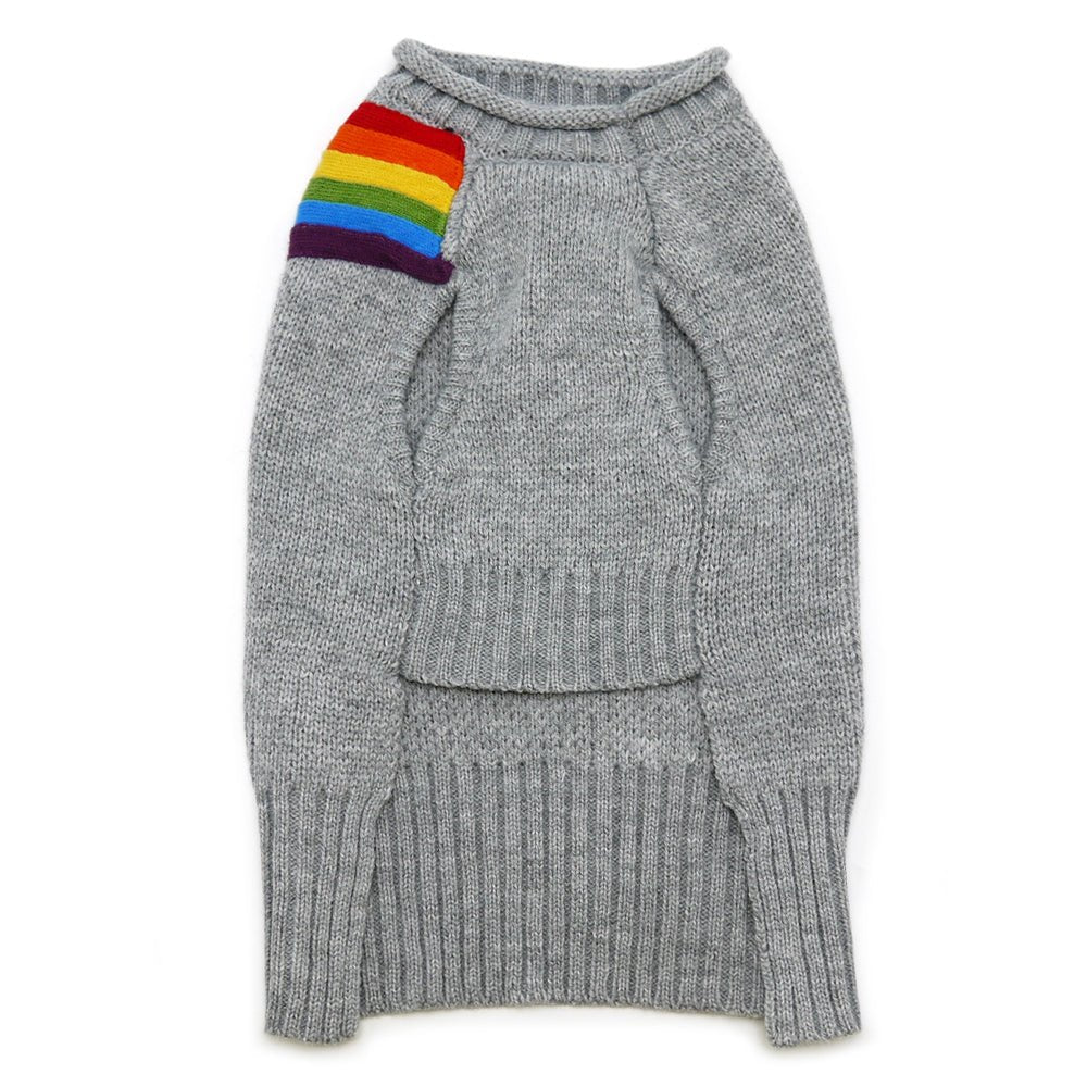 Gray knit dog sweater with ribbed hem and small rainbow stripe accent near shoulder