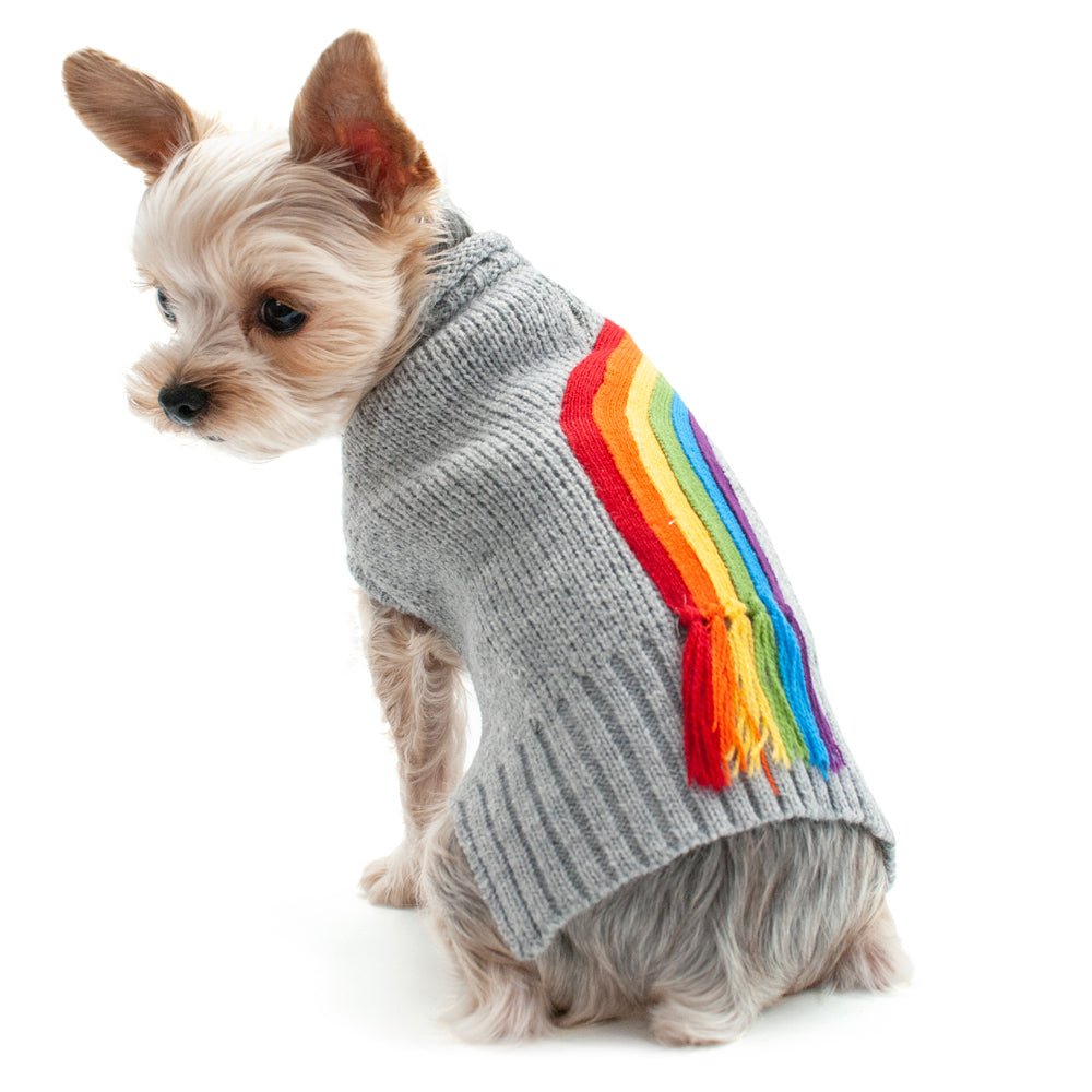Gray knit turtleneck sweater for small dogs with rainbow stripe and hanging tassels
