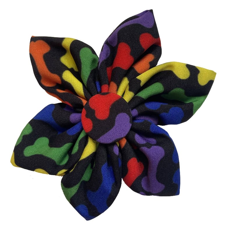 Rainbow pinwheel pet collar attachment bow with layered fabric petals