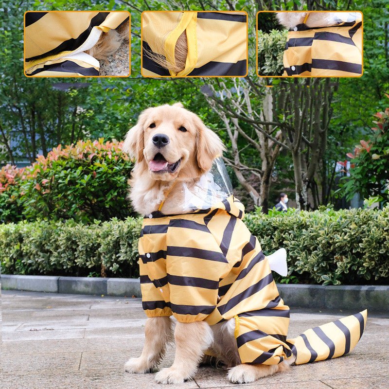 Beige and navy striped pet raincoat with hood and covered paws; full-body view