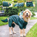Dark teal pet raincoat with hood, yellow trim, and covered paws; front view