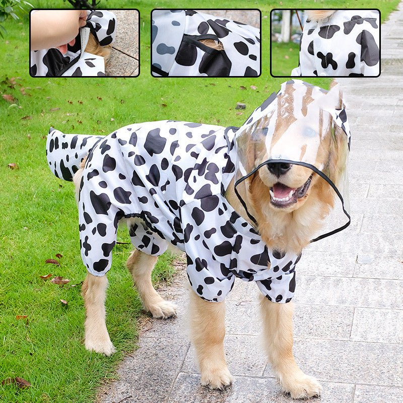 White cow-spotted pet raincoat with hood and black spots; full-body view