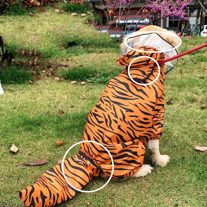 Orange tiger-pattern pet raincoat with hood and covered legs; tail opening shown