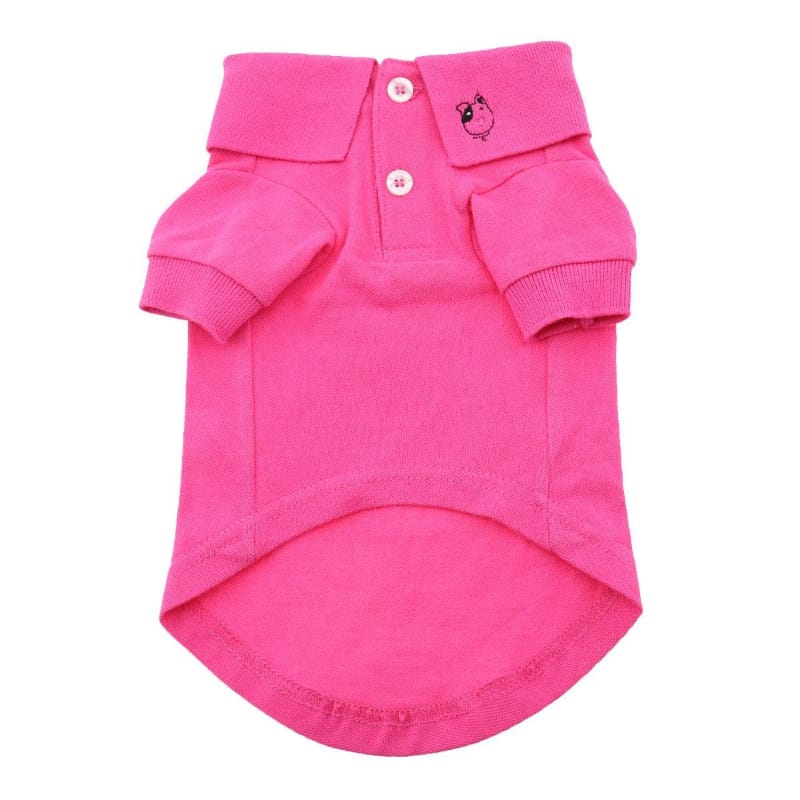 Pink dog polo shirt with collar and button placket, small chest emblem.
