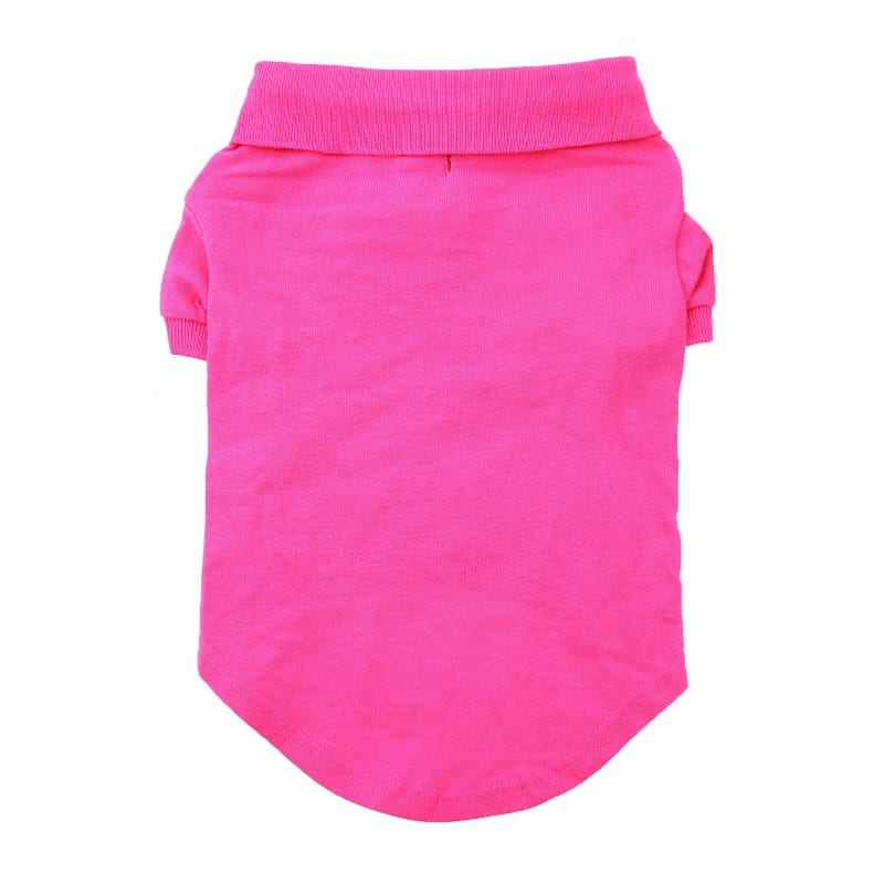 Pink dog polo shirt with ribbed collar and short sleeves, back view.