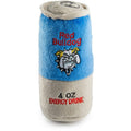 Plush squeak dog toy cylinder with blue center and Red Bulldog logo, gray ends