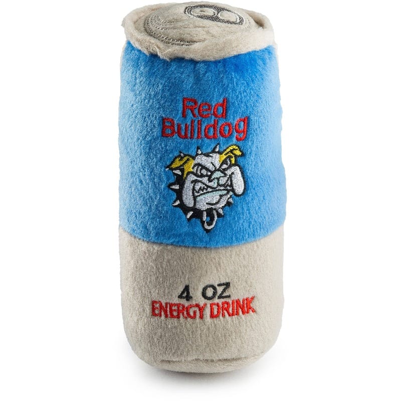 Plush squeak dog toy cylinder with blue center and Red Bulldog logo, gray ends