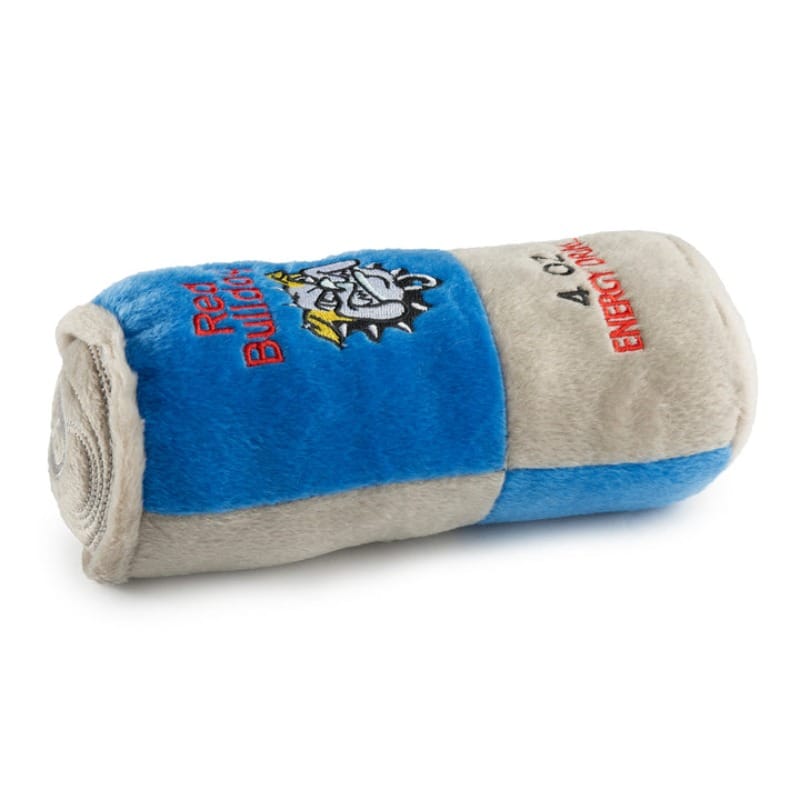Plush squeak dog toy with bulldog graphic on blue band, '4 OZ ENERGY DRINK' text