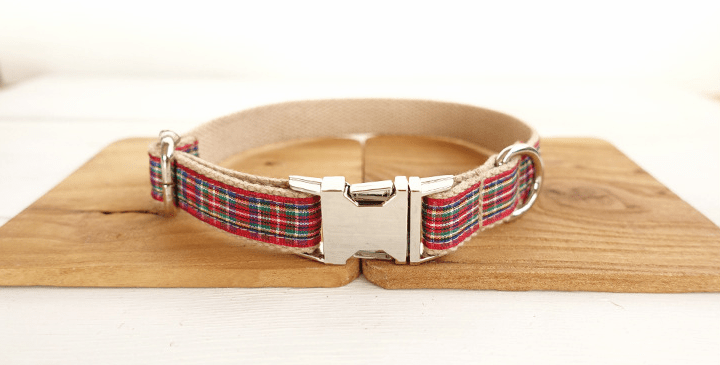 Red plaid dog collar with silver buckle on tan fabric backing