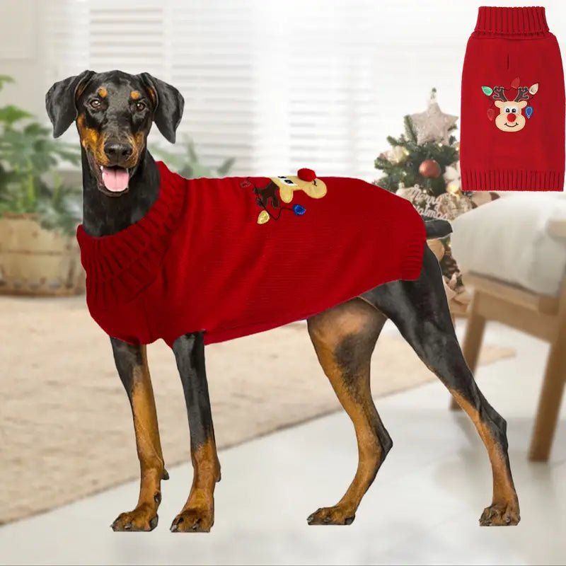 Red Pom Nose Reindeer Christmas Holiday Red Dog Sweater - Size L Fursace Luxury Dog Plush Toy - MD Red Squeaky | Cookies Wagging Friends Boutique Cookies Wagging Friends Boutique