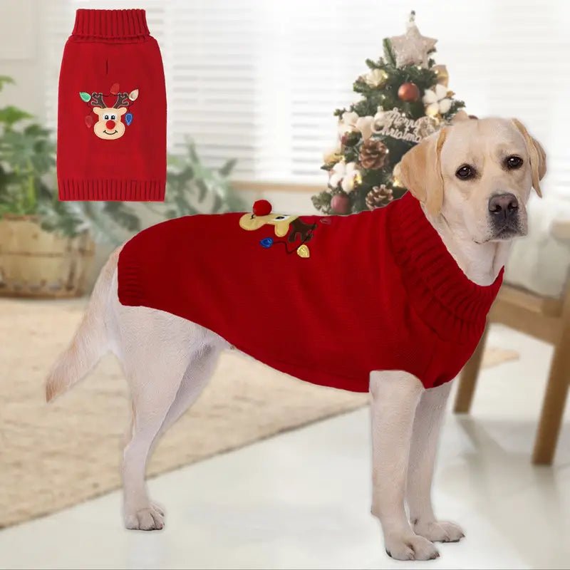 Red Pom Nose Reindeer Christmas Holiday Red Dog Sweater - Size L Fursace Luxury Dog Plush Toy - MD Red Squeaky | Cookies Wagging Friends Boutique Cookies Wagging Friends Boutique