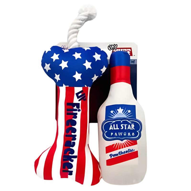 2-pack patriotic dog toys: blue star bone and red-white plush bottle with rope handle