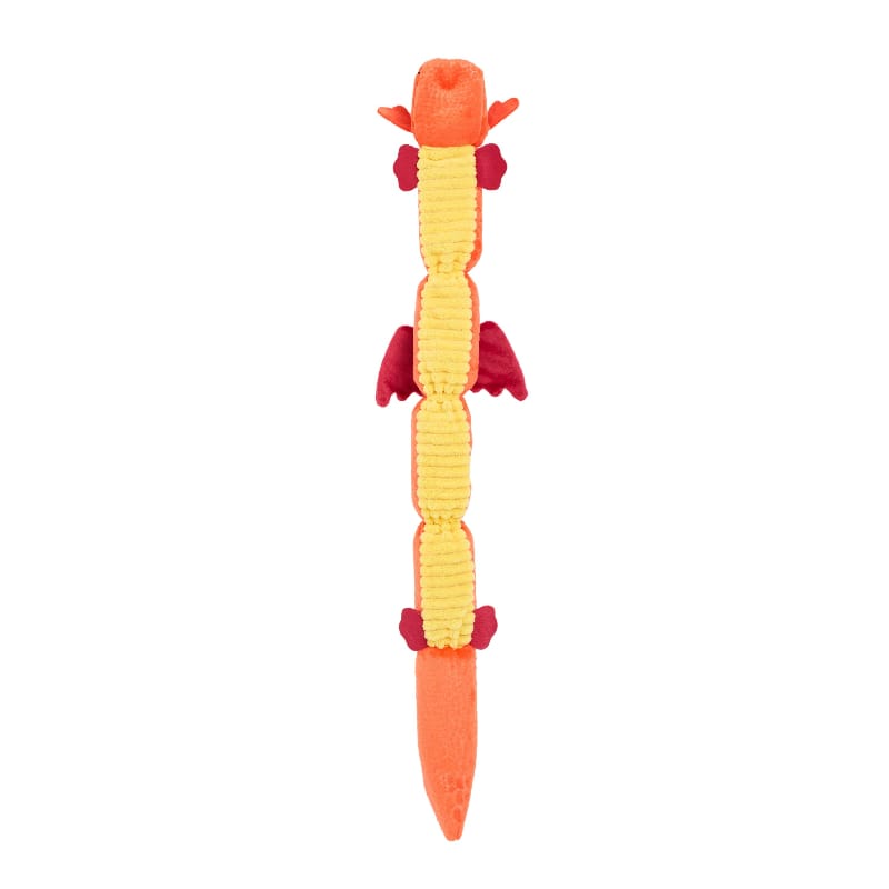 Long plush dragon dog toy with bright yellow segmented body, red feet, and orange tip tail