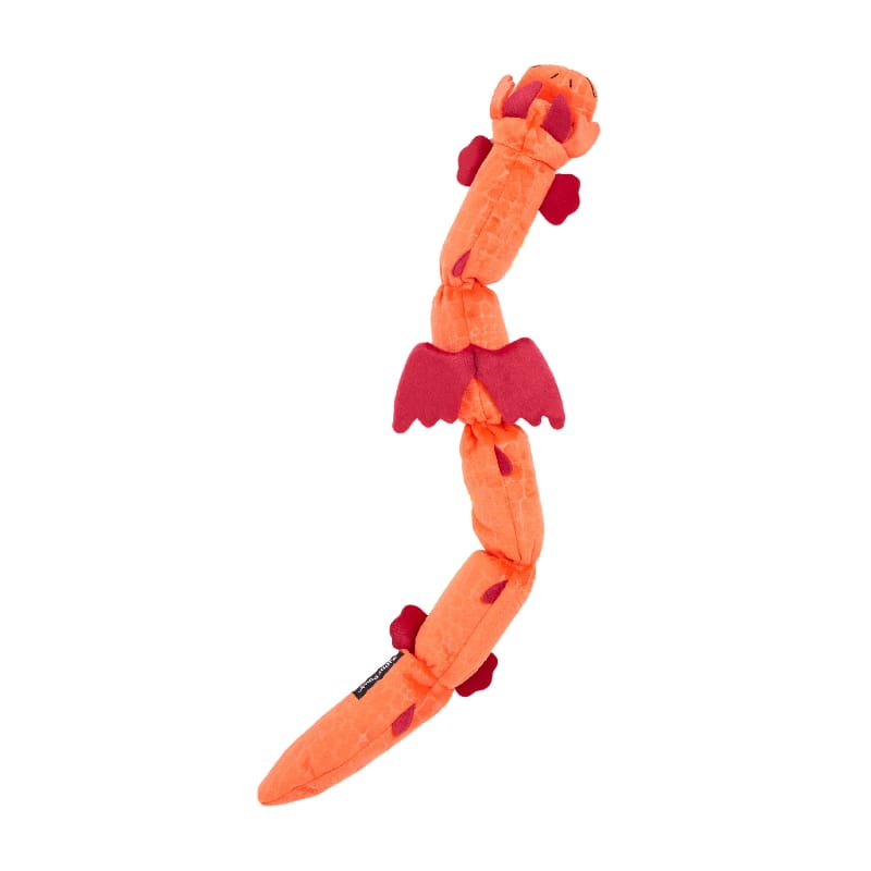 Orange plush dragon dog toy with red wings, segmented body, and pointed tail tip