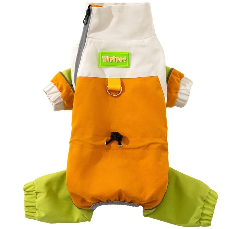 Orange dog jumpsuit with green lower legs, white front panel, and D-ring leash