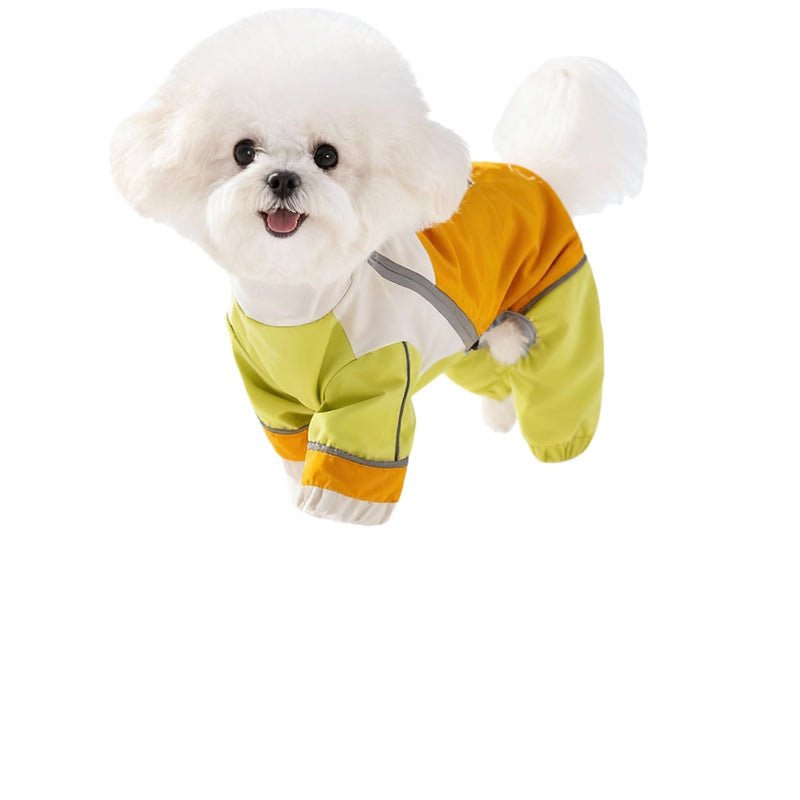 Orange and lime-green dog jumpsuit with white chest panel and elastic leg cuffs