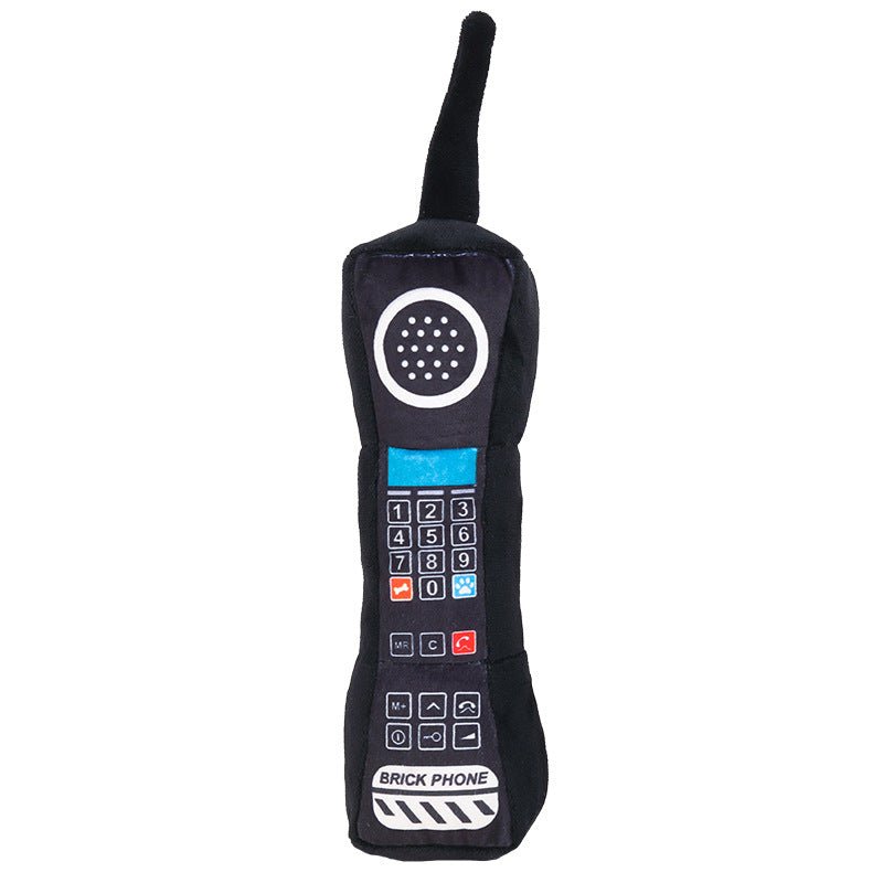 Black plush retro brick phone dog toy with squeaker, keypad and call button graphic