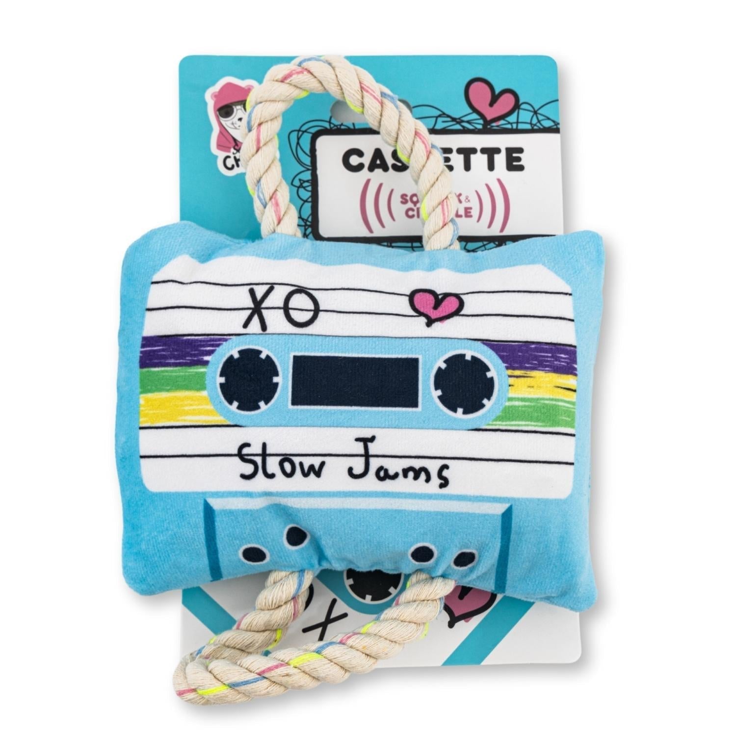 Blue plush cassette tape dog toy front view with rope handle and heart accents