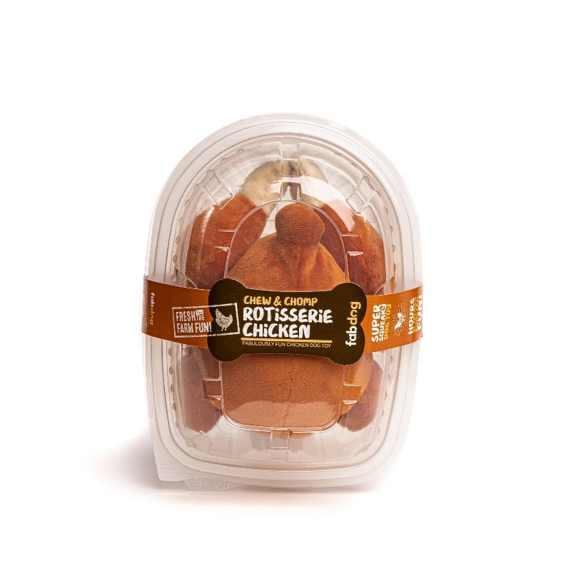 Rotisserie chicken squeaky dog toy in clear plastic package, brown plush