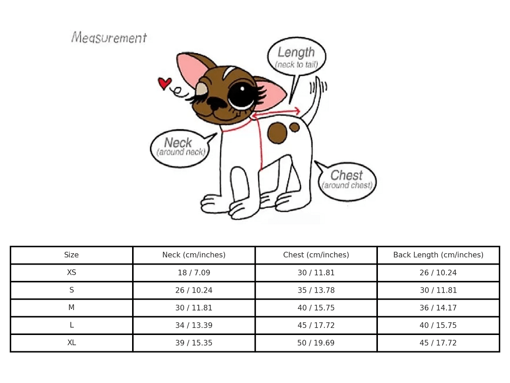 Pet dress size chart with neck, chest, and back length measurements
