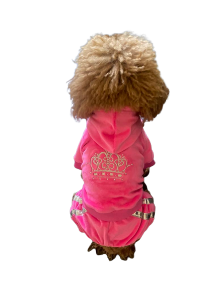 Hot pink pet tracksuit hoodie with crown graphic and front zipper