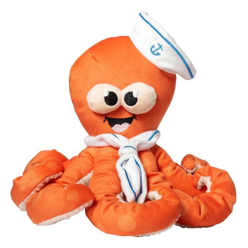 Orange plush octopus dog toy with sailor hat and striped bow tie