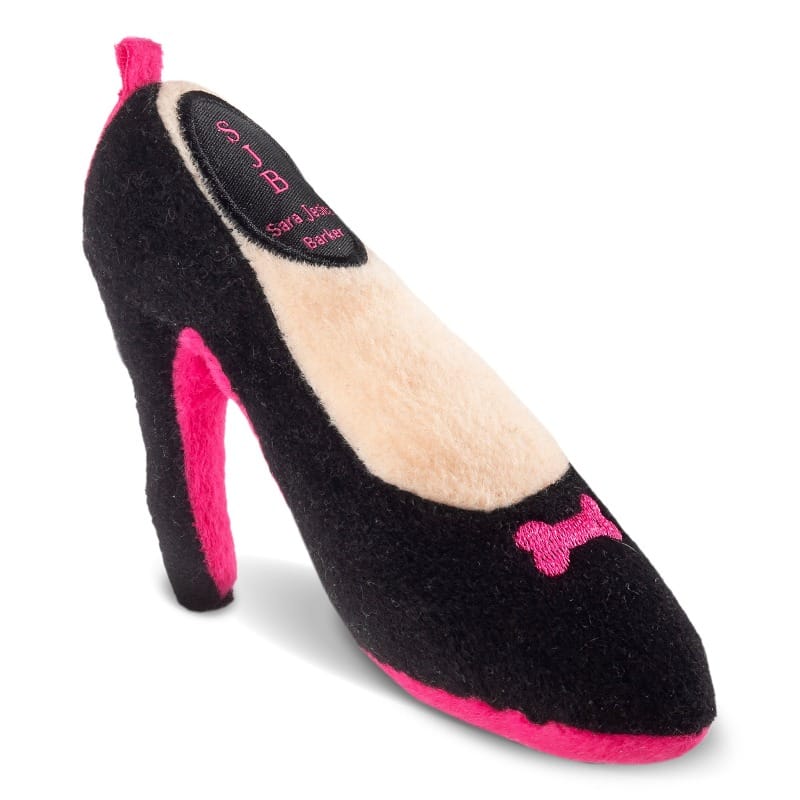 Plush squeaky dog shoe toy, black felt with pink heel and bone applique