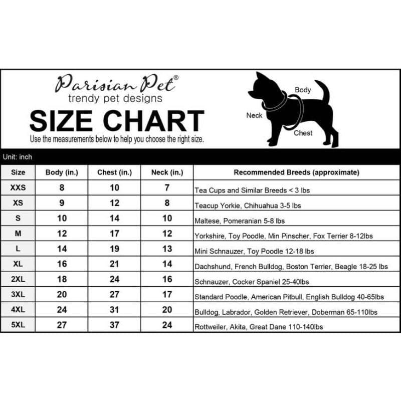 Parisian Pet size chart for dog T-shirts with body, chest, neck measurements